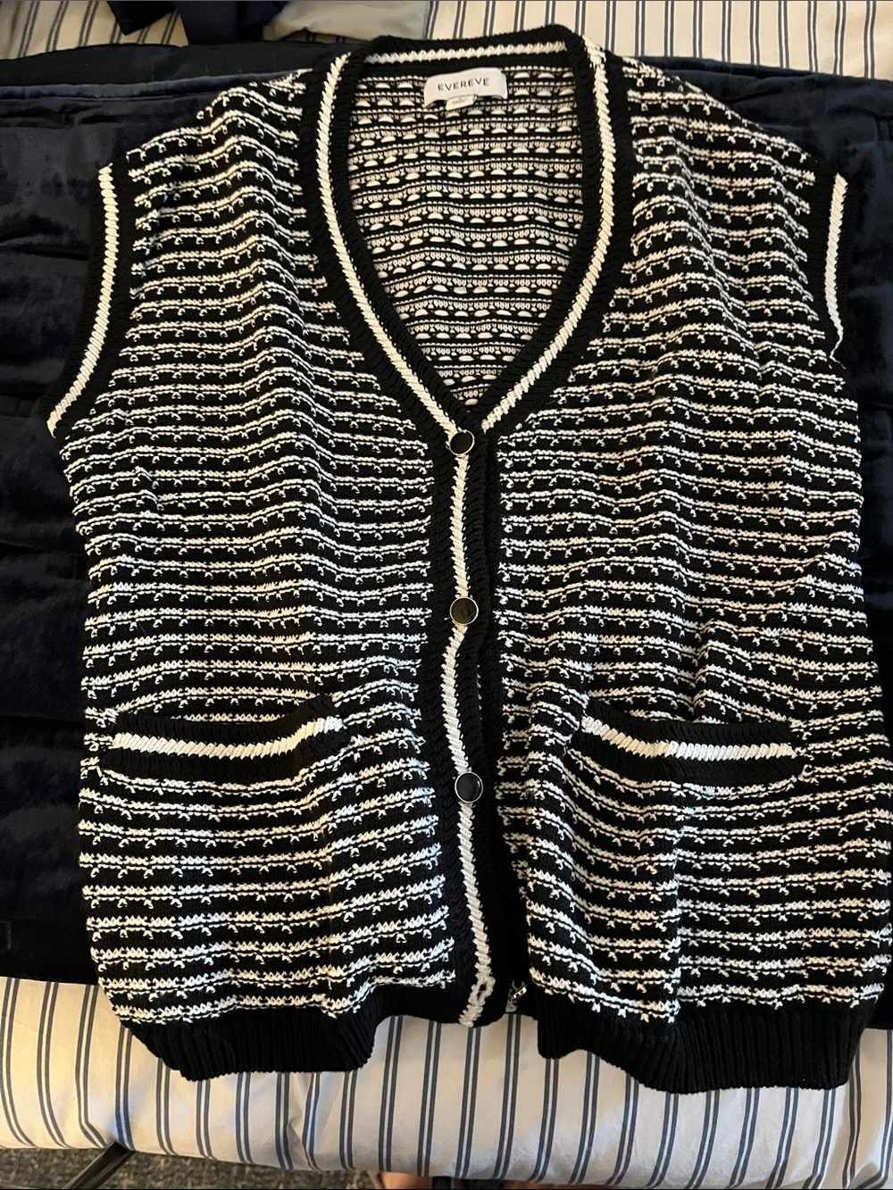 Evereve Black and White Knit Button-Front Sweater Vest